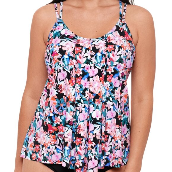 NWT Swim Solutions Floral Pleated Tankini Top - Black, Pink, Blue size 12 - Picture 1 of 10